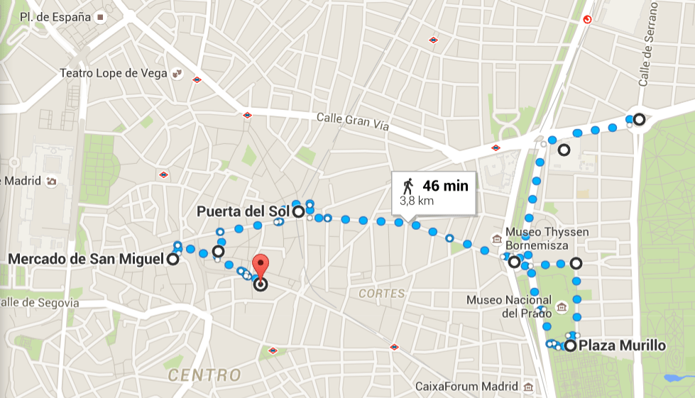 Mapa - Roteiro Madrid a pé, à noite e de graça!